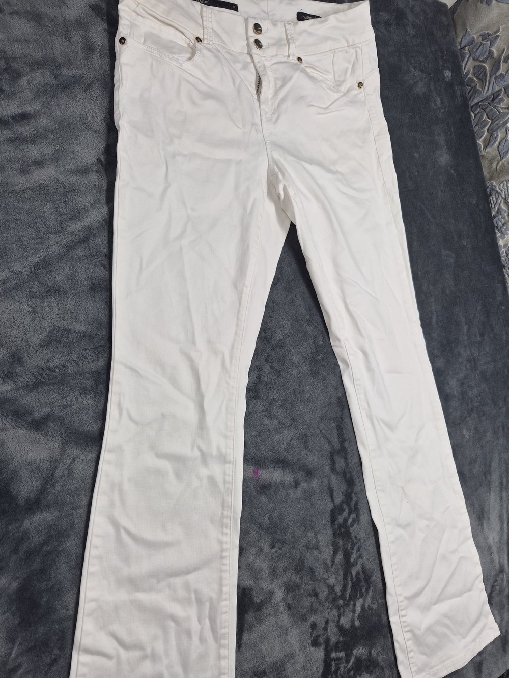 Cache Slim Jeans Bootcut White Color Double Button Gold Tone Size 10